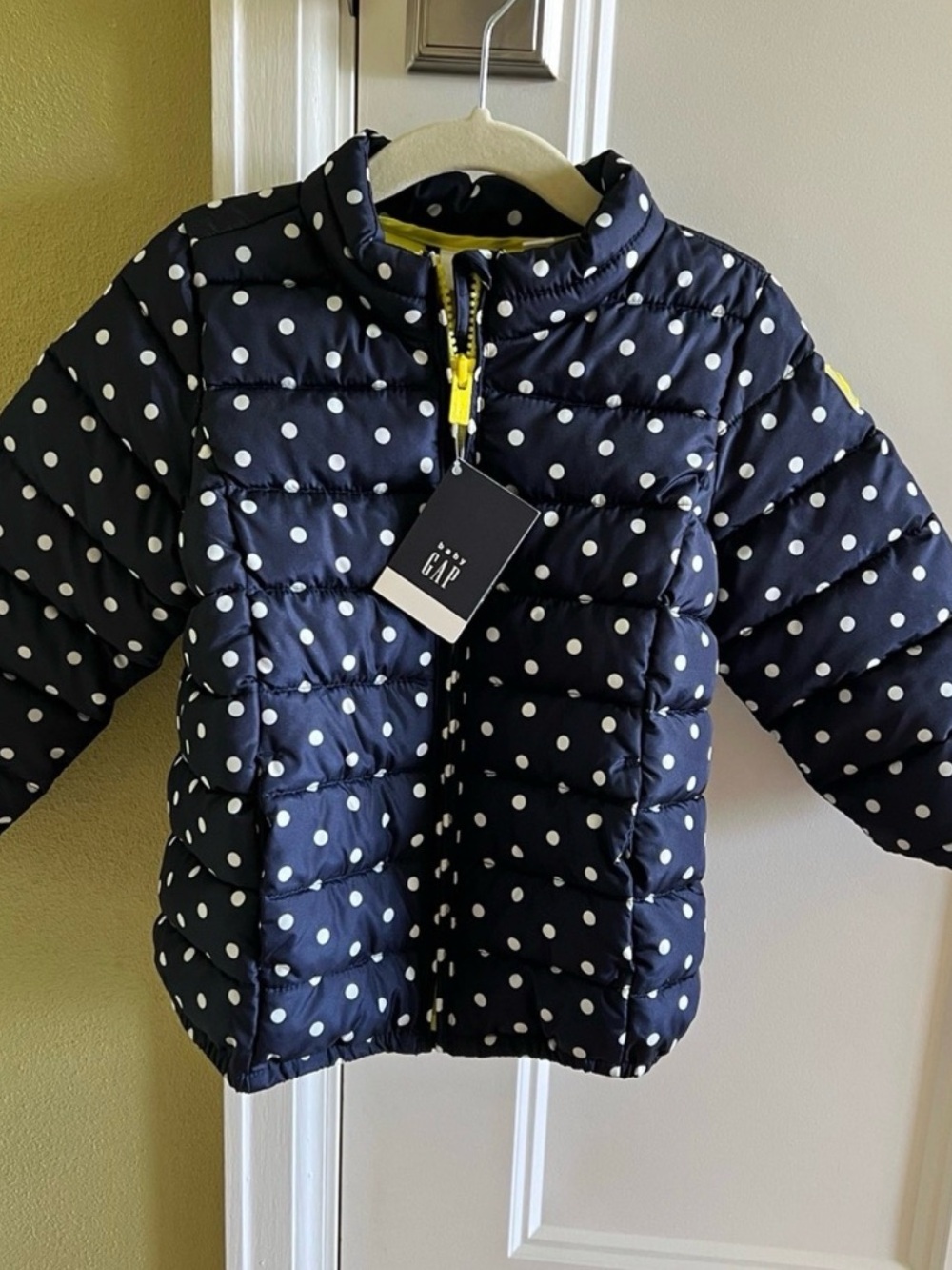 GAP Navy Polka Dot Puffer Jacket with Yellow Zipper